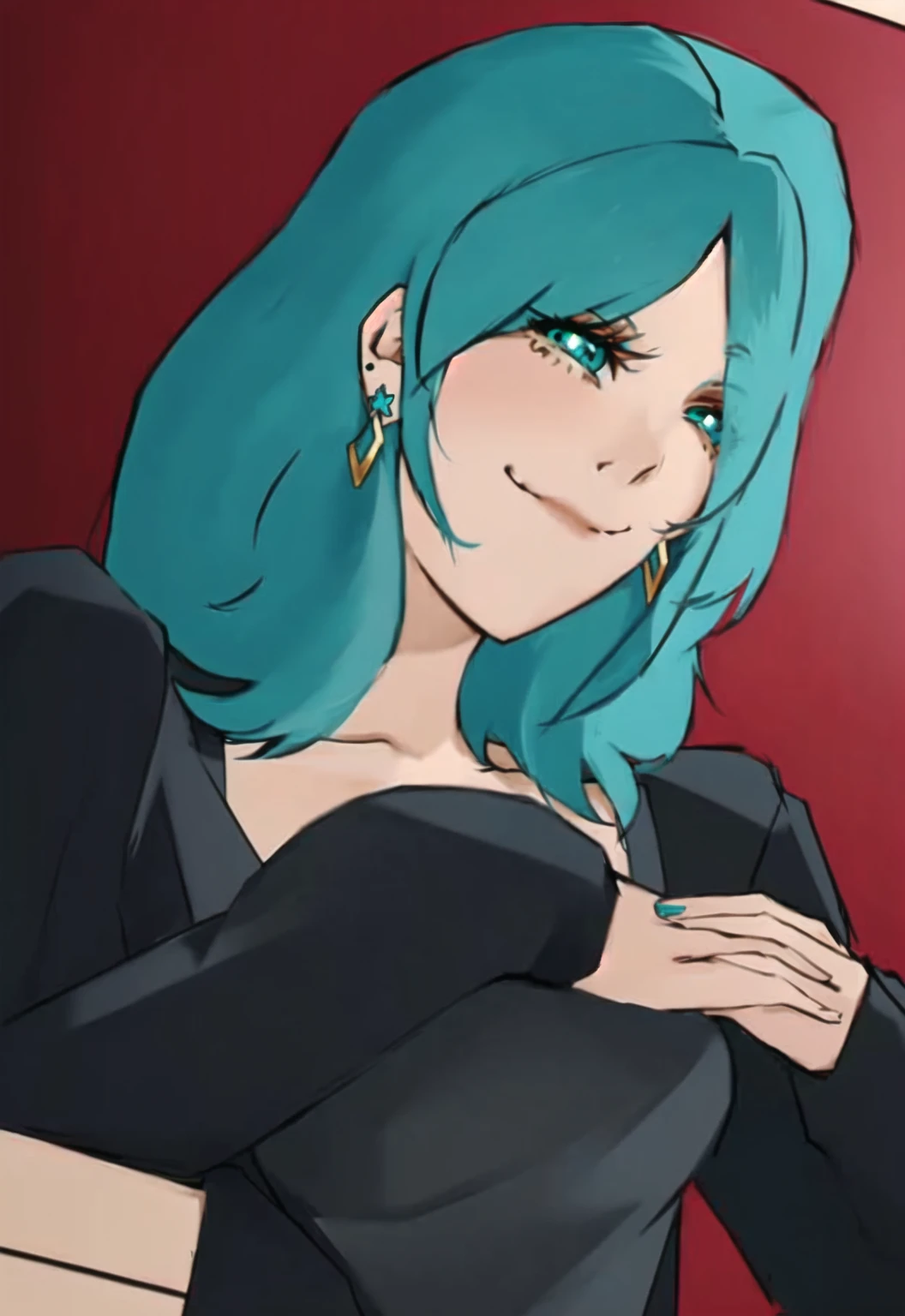 woman with blue hair, anime girl with teal hair, earrings, evil smile, fly under the eye, crossing fingers, sat on a chair