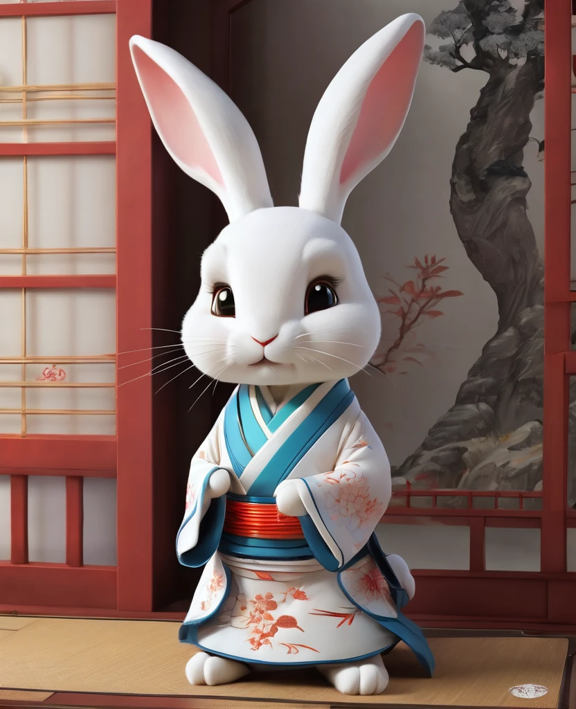 Cute white rabbit3D Image、Gaze kindly、wear Kimono、Think of something fun、Bring happiness、With a pen in hand、The background is a shining shrine、Standing with a gentle gaze on the viewer, Chinese elements、 Very detailed、