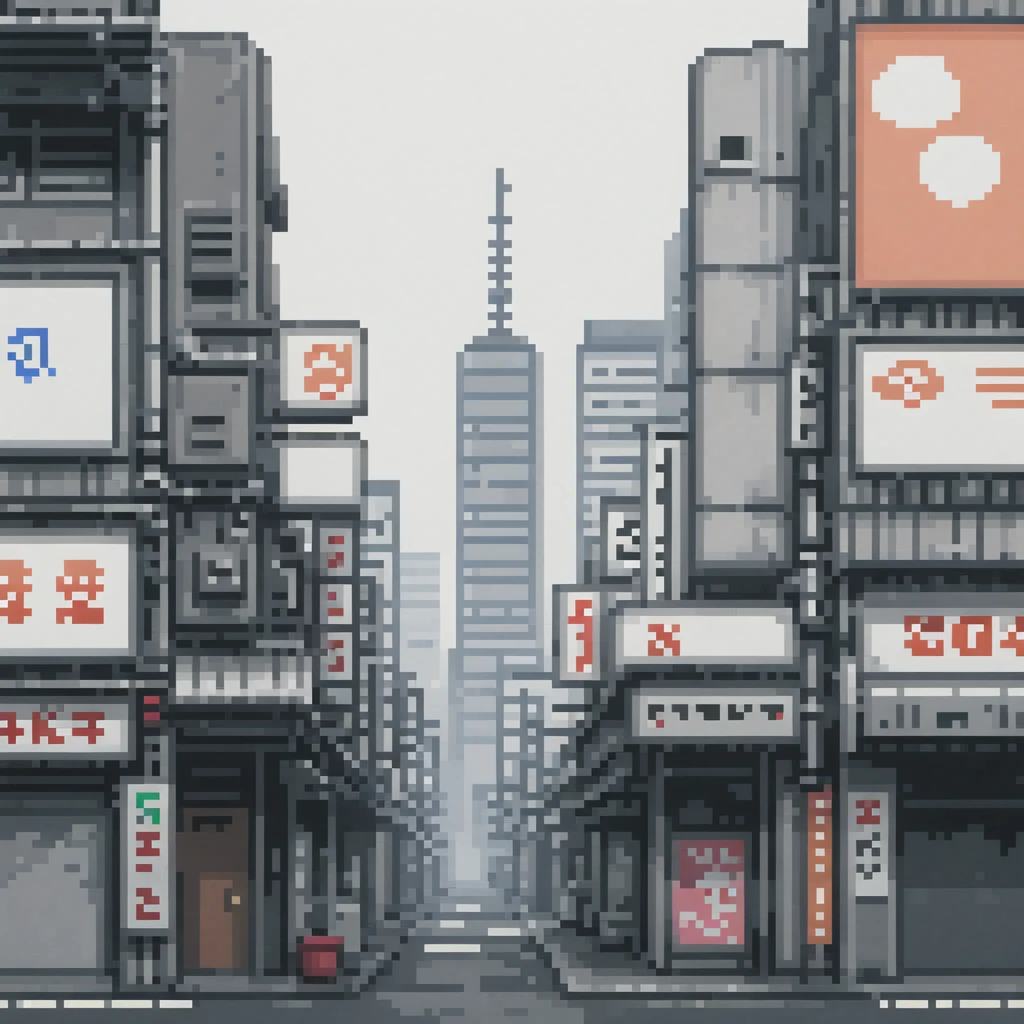 pixel art, 258 bits, empty building sheet in Shinjuku with buildings behind