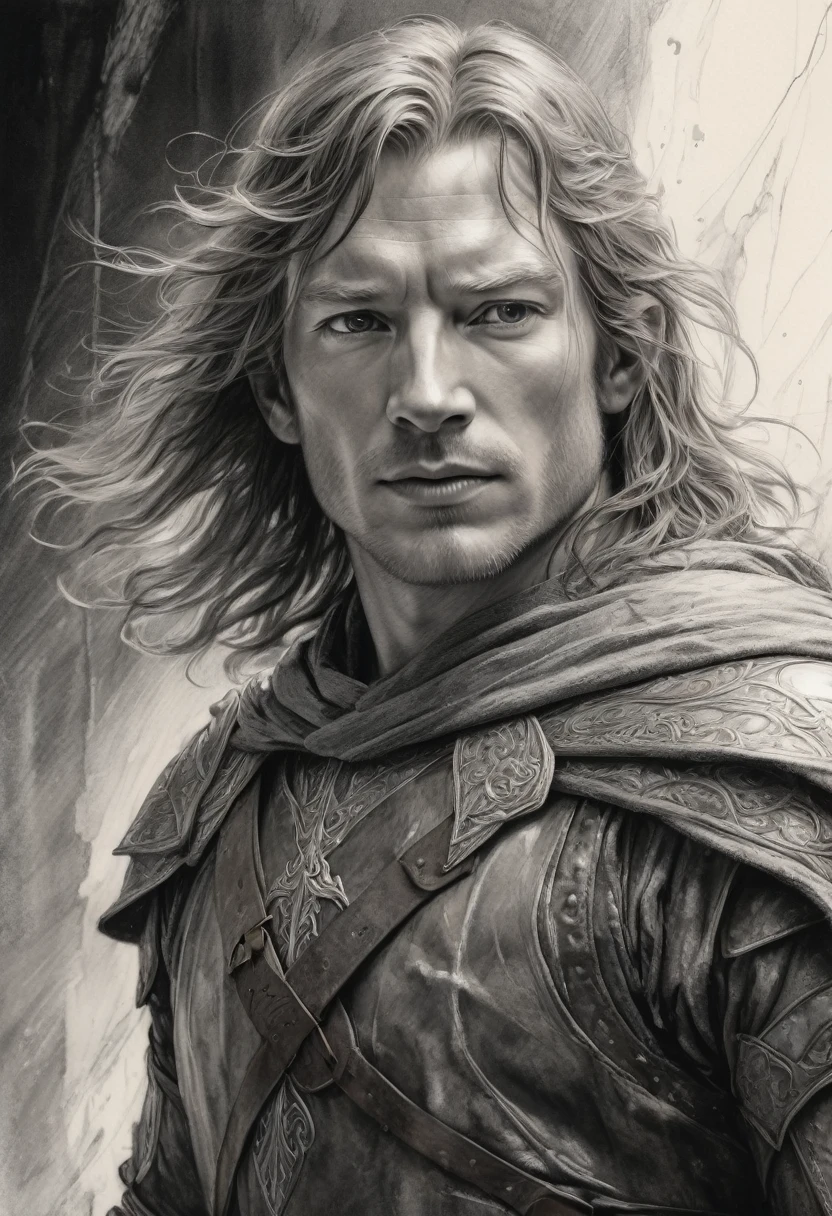 stunning black and white graphite sketch of Faramir, up close shot, from The Lord Of The Rings trilogy, in dynamic pose, by Anna Razumovskay, (by Alyssa Monks:1.1), by Joseph Lorusso, by Lilia Alvarado, beautiful lighting, sharp focus, 8k, high res, (pores:0.1), (sweaty:0.8), Masterpiece, Nikon Z9, Award - winning photograph, --ar 16:9 --style raw --stylize 750 --niji 6, perfect composition, beautiful detailed intricate insanely detailed octane render trending on artstation, 8 k artistic photography, photorealistic concept art, soft natural volumetric cinematic perfect, wide angle view 