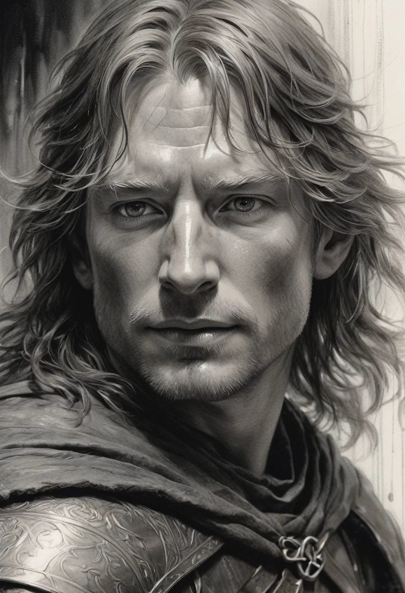 stunning black and white graphite sketch of Faramir, up close shot, from The Lord Of The Rings trilogy, in dynamic pose, by Anna Razumovskay, (by Alyssa Monks:1.1), by Joseph Lorusso, by Lilia Alvarado, beautiful lighting, sharp focus, 8k, high res, (pores:0.1), (sweaty:0.8), Masterpiece, Nikon Z9, Award - winning photograph, --ar 16:9 --style raw --stylize 750 --niji 6, perfect composition, beautiful detailed intricate insanely detailed octane render trending on artstation, 8 k artistic photography, photorealistic concept art, soft natural volumetric cinematic perfect, wide angle view 