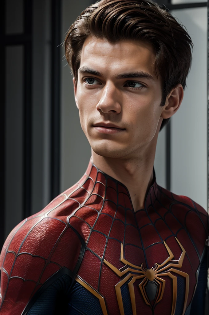 A photograph of spider man, no mask, 20 yo, handsome, detailed face, looking at camera, portrait, 8k uhd, high quality