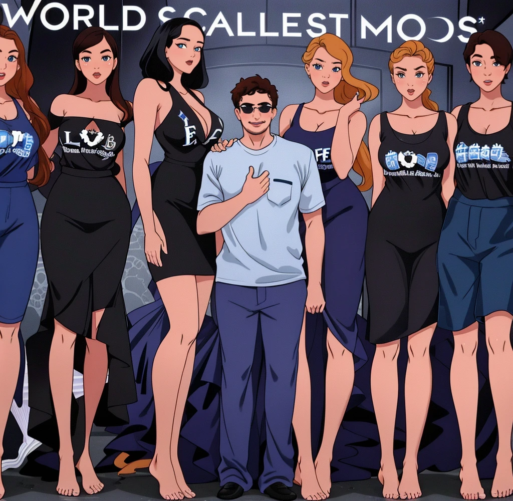 Three tall girls on the lfe left, three tall girls in the right, short man in the middle, the girls are much taller than the man, girls have big and cleavage, girls are wearing black, man is wearing blue shirt, girls are standing barefoot, man is wearing shoes,