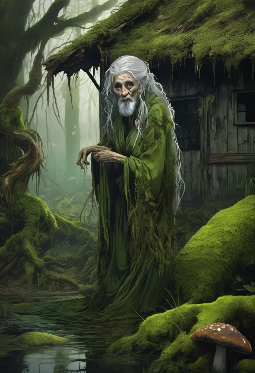a fantasy Green swamp hag. Grey hair. Tattered robes. Moss and fungus like blotchy patches and growths on skin. Old. Hunched over. Humped back. In dark scary swamp with rickety wooden shack decaying in background overgrown with vines and swamp plants and mushrooms. Rotten wood.