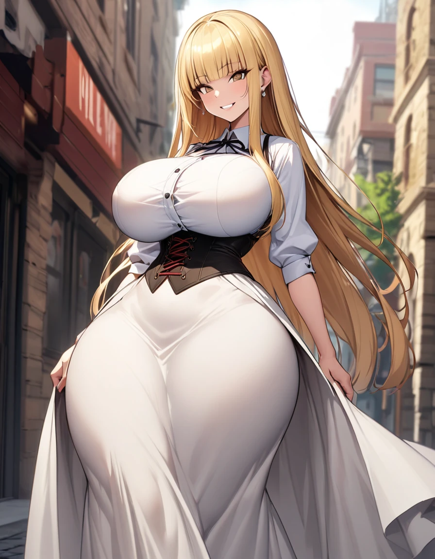 blonde hair color,long hair,hime cut,light brown eyes,corset, long skirt,earrings,huge breasts,Whipped thighs,slender,near,street background,SFW,perfect,high quality,faultless,smile