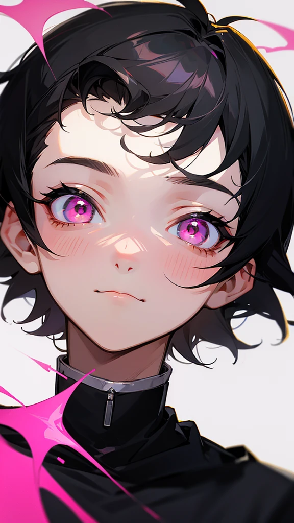 16 year old boy,tender and adorable face,short black hair,black clothes,pink eyes,