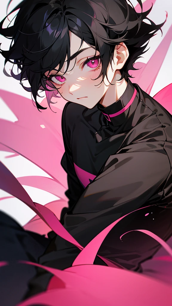 16 year old boy,tender and adorable face,short black hair,black clothes,pink eyes,