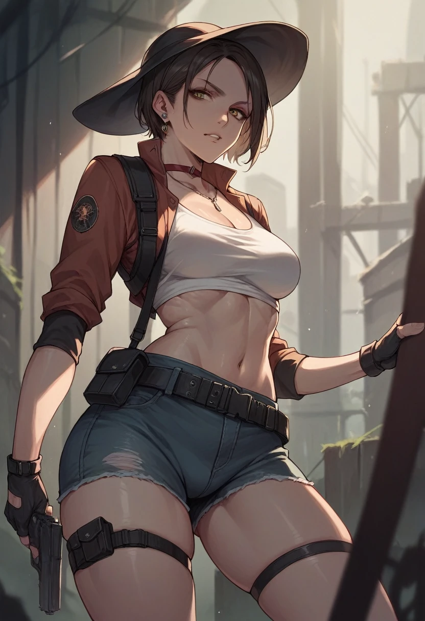 pose sexual, smile, With curves, naked, giant breasts, uncensored, Kinessa from the paladins game, naked, black hair, dark and tanned skin, Red eyes, with sniper rifle