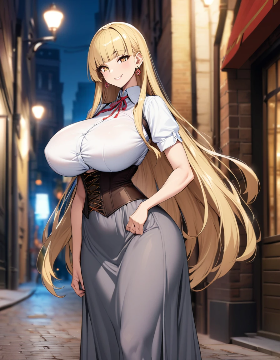 blonde hair color,long hair,hime cut,light brown eyes,corset, long skirt,earrings,huge breasts,Whipped thighs,slender,near,street background,SFW,perfect,high quality,faultless,smile