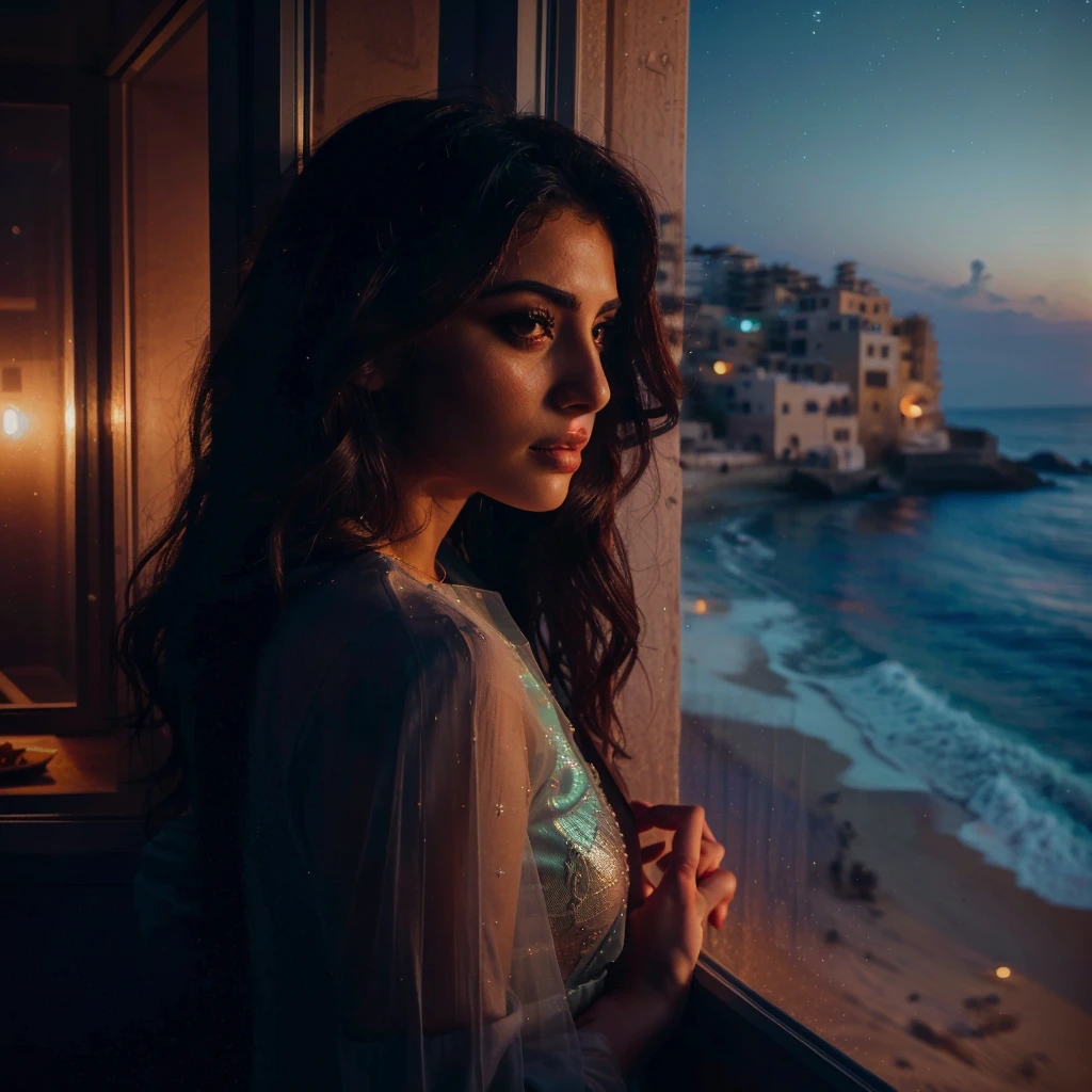 lebanese beautiful woman staring at the beach from a window at night, hyperrealistic, cinematic, dreamy