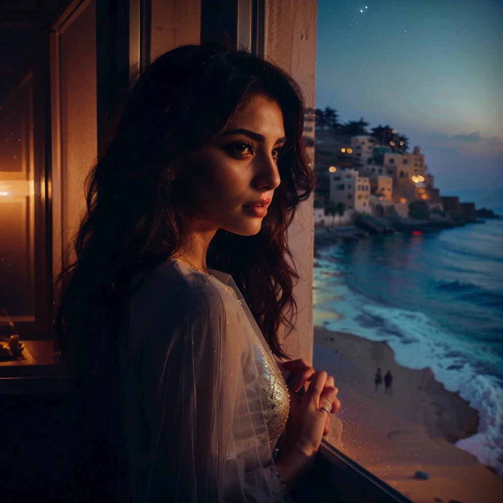 lebanese beautiful woman staring at the beach from a window at night, hyperrealistic, cinematic, dreamy