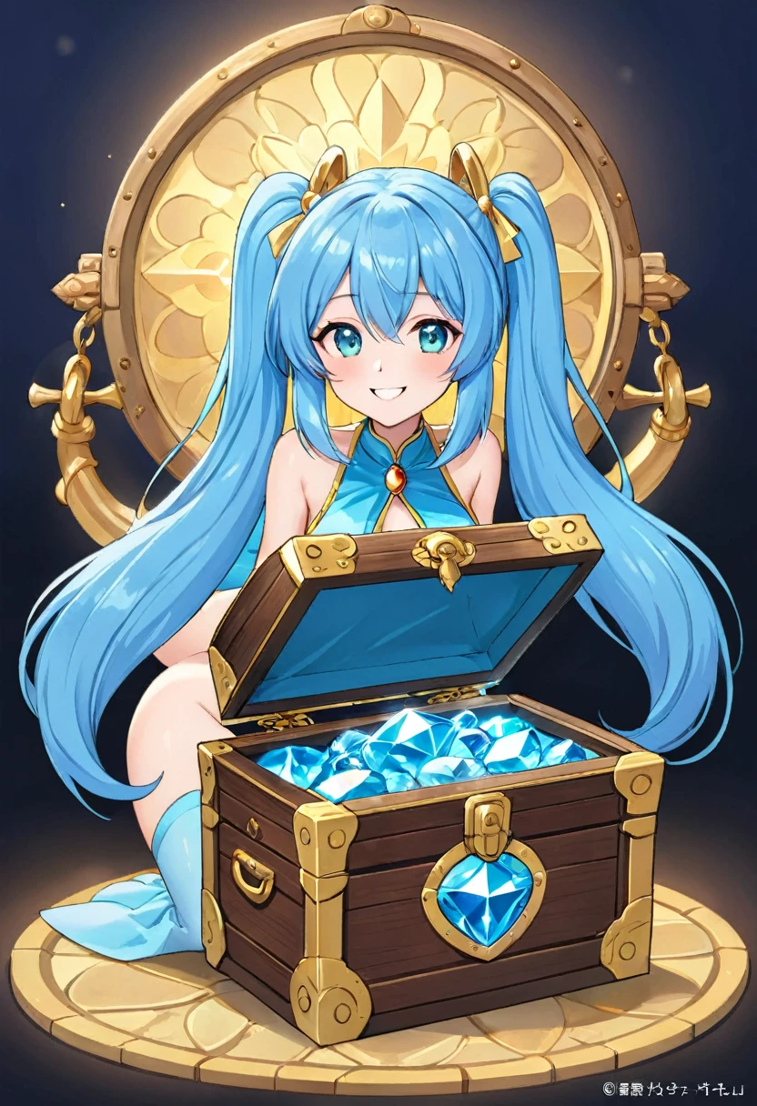 Light blue long hair、Twin-tailed Girl、A big key in your hand、Open a big treasure chest、Bright smile、Gemstones are shining、