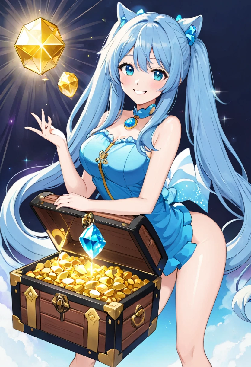Light blue long hair、Twin-tailed Girl、A big key in your hand、Open a big treasure chest、Bright smile、Gemstones are shining、