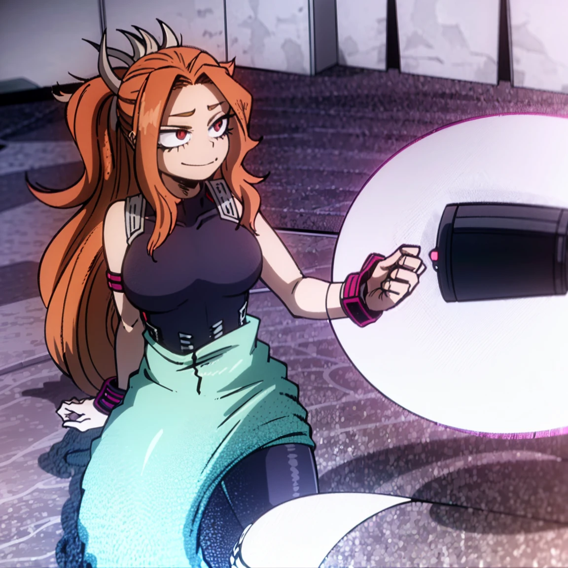 1girl, the siren, the mermaid, adagio dazzle, female focus, boku no hero academia, masterpiece, best quality, very aesthetic, big breasts, long wavy hair, orange/golden hair, magenta eyes, smirk, beautiful, sunset sea