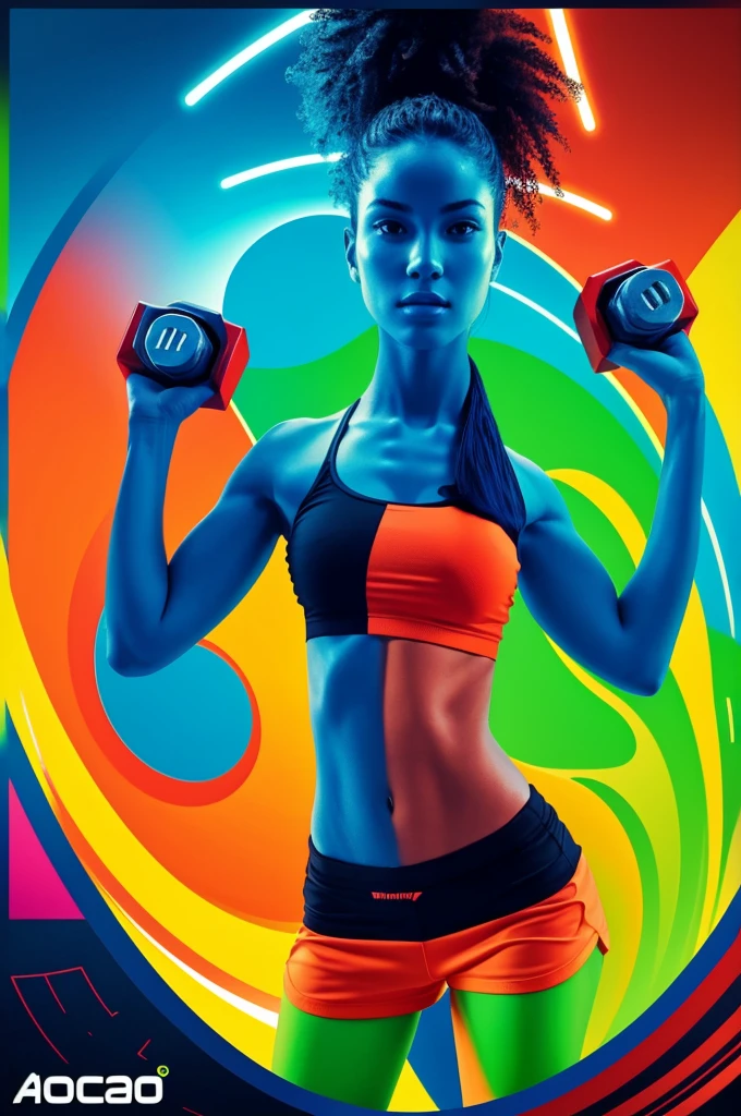 Create a dynamic and energetic poster featuring bold, modern typography with the title 'Ultimate Workout Playlist'. Use vibrant colors like electric blue, neon green, and fiery red. Incorporate abstract elements such as sound waves, fitness icons (dumbbells, sneakers, etc.), and geometric shapes to convey movement and intensity. Background can be a gradient or a burst of light to enhance the high-energy feel. No people in the image