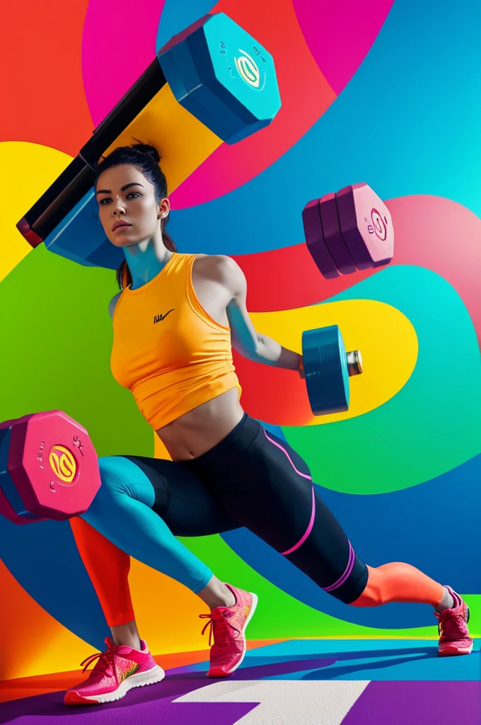 Create a dynamic and energetic poster featuring bold, modern typography with the title 'Ultimate Workout Playlist'. Use vibrant colors like electric blue, neon green, and fiery red. Incorporate abstract elements such as sound waves, fitness icons (dumbbells, sneakers, etc.), and geometric shapes to convey movement and intensity. Background can be a gradient or a burst of light to enhance the high-energy feel. No people in the image