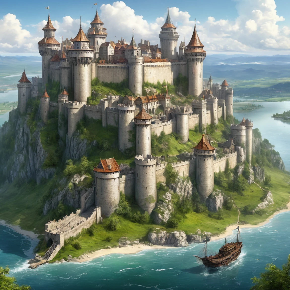 (best quality)), ((masterpiece)), ((realistic,digital art)), (super detailed), gigantic fortress on top of a promontory in a city, (gigantic towers of very tapered mother-of-pearl), (medieval fantasy style)