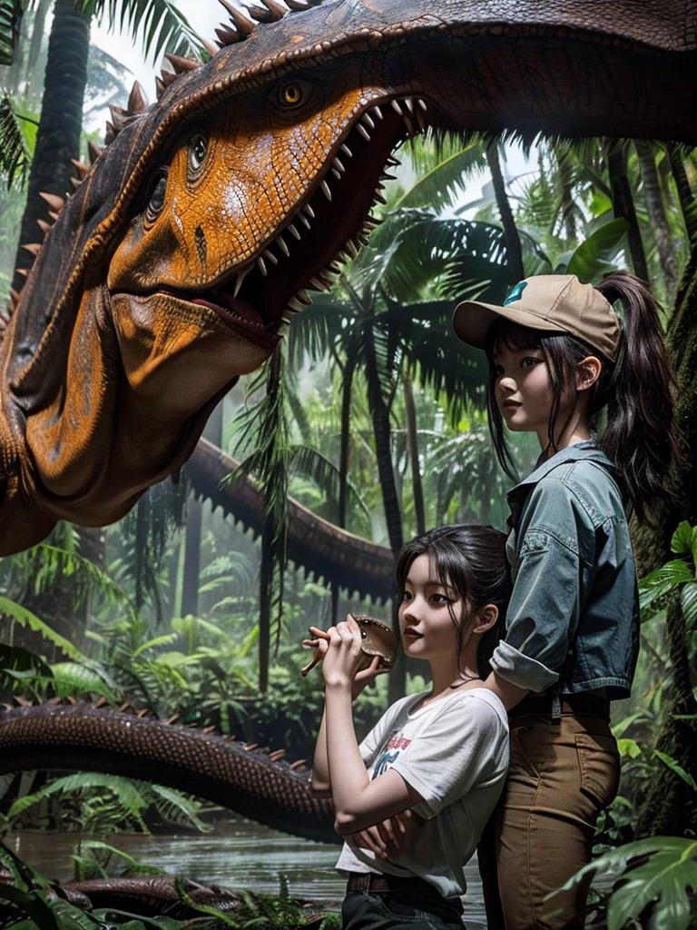 Chica linda como wang yiren, in jurassic park jurassic park with a little dinosaur.