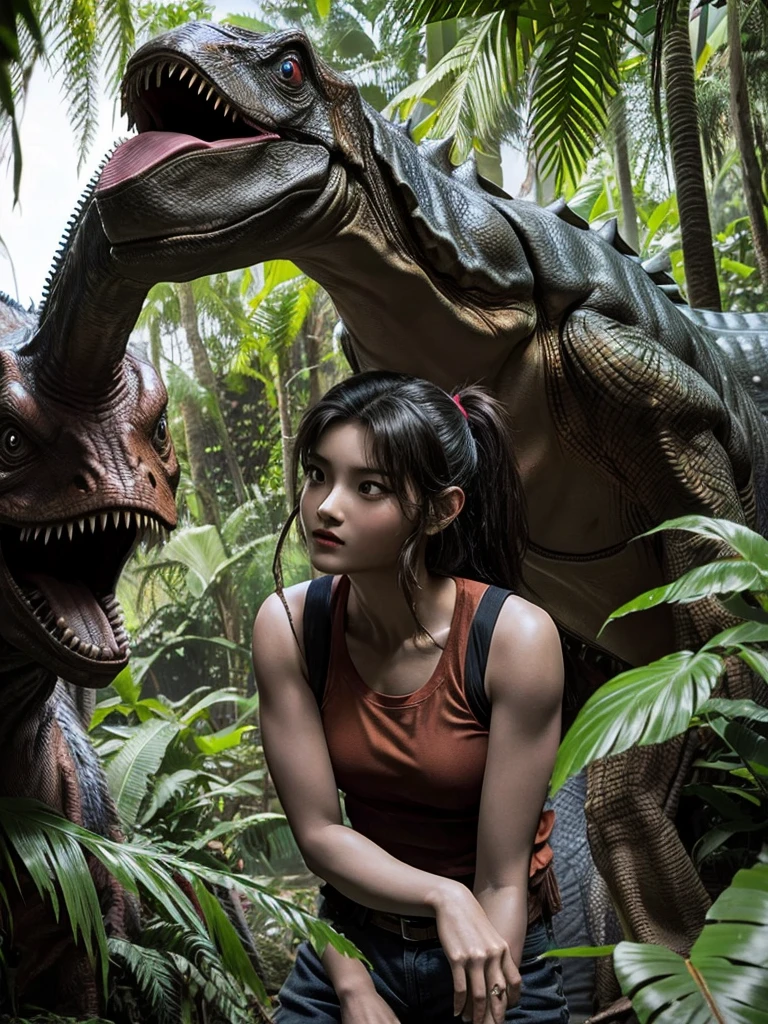 Chica linda como wang yiren, in jurassic park jurassic park with a little dinosaur.