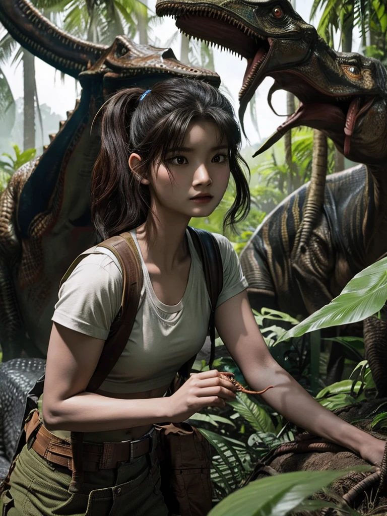 Chica linda como wang yiren, in jurassic park jurassic park with a little dinosaur.