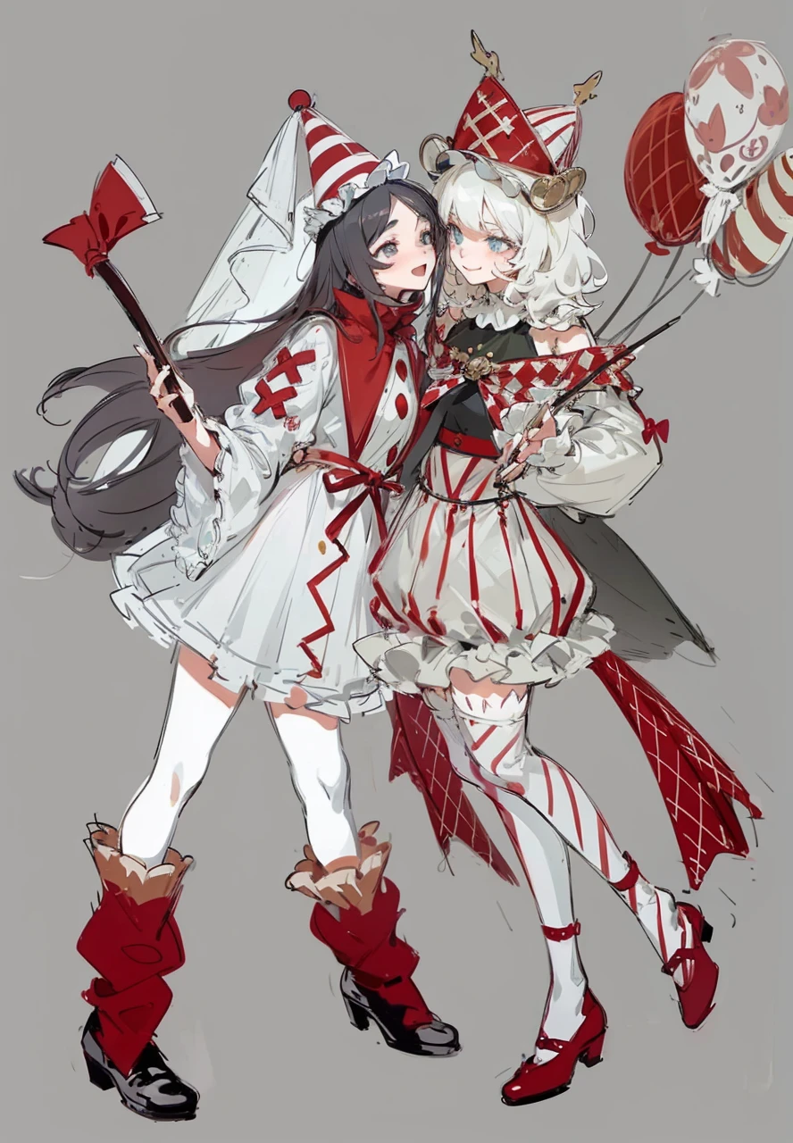 two girls in a circus theme, one with black long hair looking forward with a smiling open mouth expression, wearing a white one-piece short dress with butterfly sleeves, a red satin ribbon bow around the waist, holding a red axe, wearing red thigh-high socks and black leather shoes, wearing a single-horn hat with a white fabric cover, the other with short curly white hair, wearing a grey cropped cloak, white striped lantern pants, thigh-high laced boots, a double-horn hat, holding 3 balloons in front, smiling towards the other girl, (best quality,4k,8k,highres,masterpiece:1.2),ultra-detailed,(realistic,photorealistic,photo-realistic:1.37),extremely detailed eyes and face,longeyelashes,detailed clothing textures,vibrant colors,dramatic lighting,circus theme,fantasy,whimsical,magical