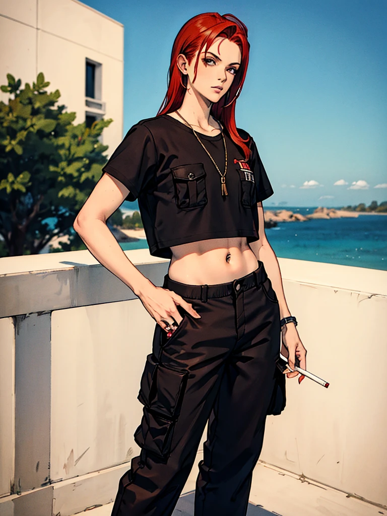 one with red hair, smoking a cigarette, com cropped preto, wide cargo pants, e piercing no septo