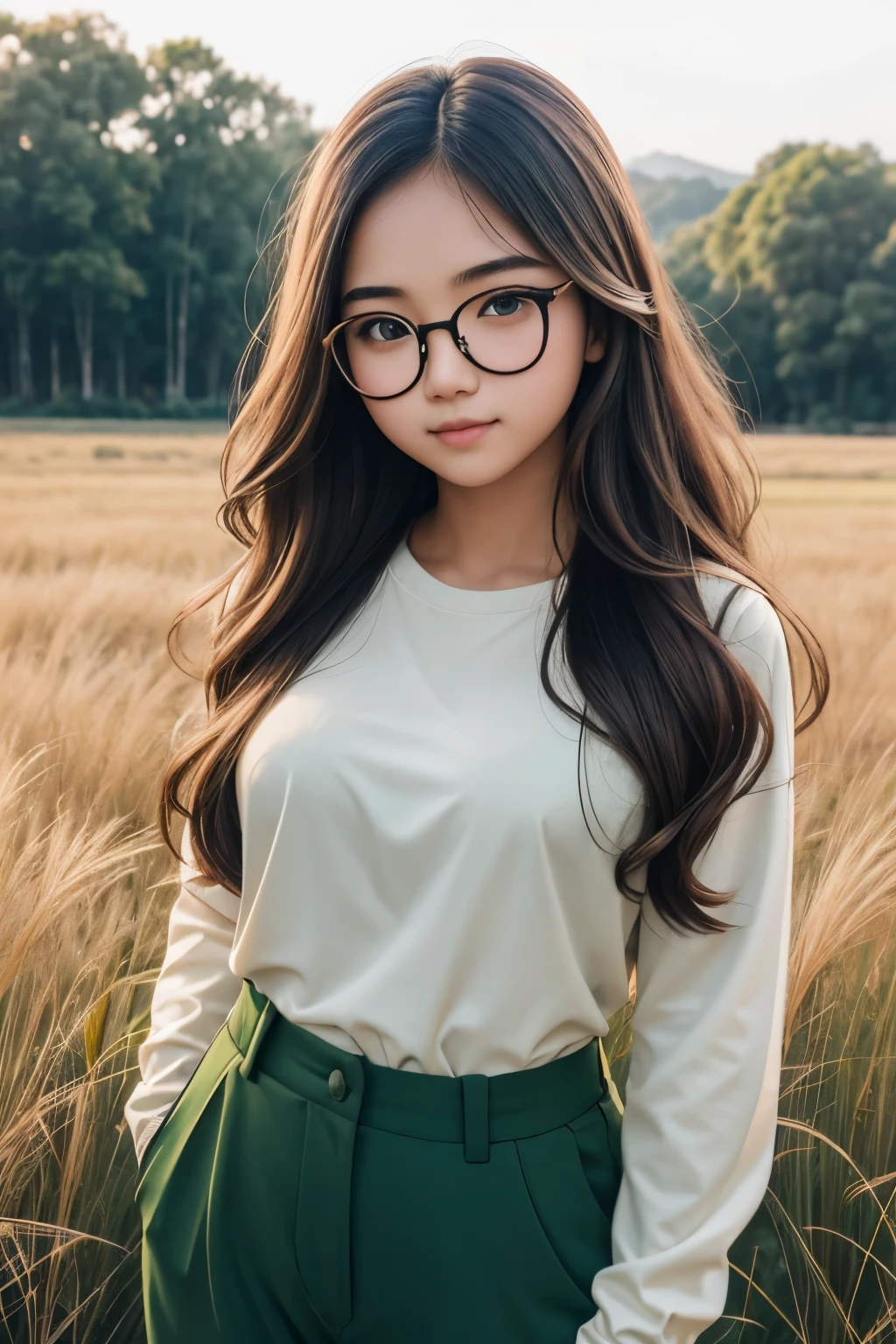 detailed face of photo. 20 year old white skin slim body Indonesian girl with a sweet  face,   round face chubby face and long brown wavy hair, round glasses wearing a long Sleeve green shirt with long pants take photo in grass field  
