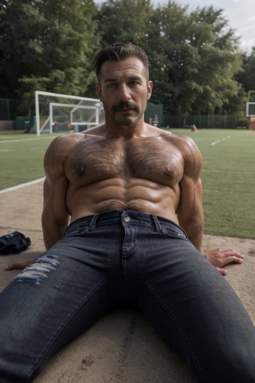 (((Muscular man))) masterpiece, best quality, high resolution, closeup portrait, male focus, solo focus, A man, 50 years old, grey hair, soccer player, football player, grey silver hair, messy hairstyle, cute and seductive face, bare chest, body hair, facial hair, roman nose, , hairy legs, cute, dimples, goatee and mustache, bold jawline , full body, sweaty, in the background an outdoor soccer football field, amazing composition, , HDR, ultra quality, elegant, highly detailed,, beautiful asd, realisric male genitalia (((Big muscles))) (((black jeans))) (((lay down))) penis out (((masturbating)))