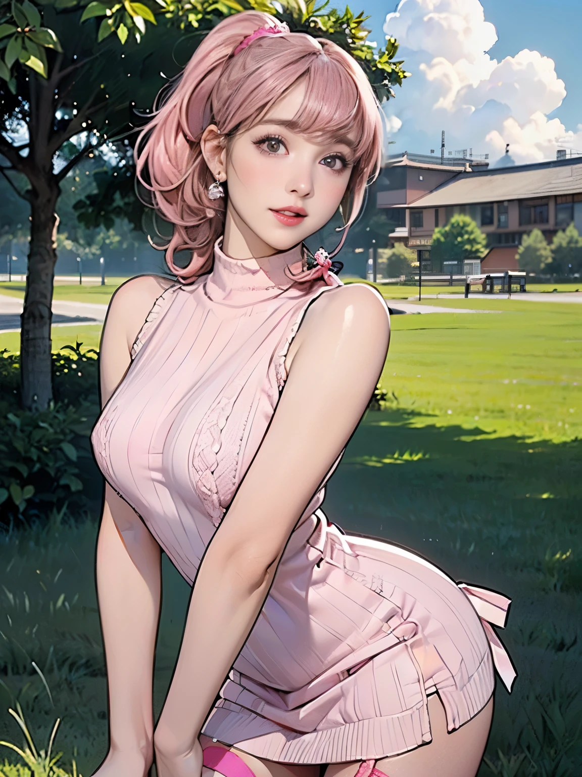 ((((Highest quality))))、(((Ultra-precision CG16K wallpaper)))、(((masterpiece)))、(((Super detailed)))、(((Extreme detail)))、((１Mature 29 year old woman:1.6))、((Very beautiful Japan face of a person))、((Urizane Face:1.8))、((Soft wavy ponytail medium hair、blunt bangs:1.8))、(((Shiny pink hair:1.5)))、A delicately drawn beautiful face、Dark Eyes、double eyelid、High nose、Small nostrils、Small Mouth、Seductive lips、Beautiful breasts、((C cup size breasts))、Beautiful feet、eight-headed body、Perfect proportions、Perfect Anatomy、Perfect composition、Beautiful detailed shading、Beautiful, natural lighting、Beautiful detail glow、Depth of written boundary、(((High chroma)))、(((Real:1.9)))、((vivid:1.5))、((Beautiful Skin))、((Skin Texture))、((Realな皮膚感))、(((Cowboy Shot:1.6)))、((front view、shoot from front、front low angle:1.6))、(((Half-open mouth、Surprised face:1.3)))、((The woman is looking at this、looking at viewer:1.6))、Bright daylight、Natural light、(((Grass Square、cloud:1.5)))、(Fashion model walking pose:1.6)、(((Dark pink high neck sleeveless summer knit mini dress:1.6)))、((Scrunchie Ribbon、Wearing earrings:1.5))、((Lace Stockings Clothed:1.5))、