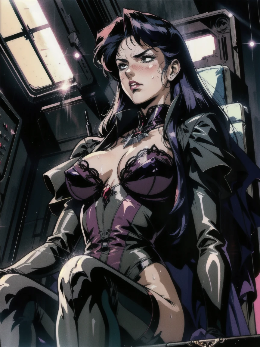 ((((retro anime)) of a gothic vampire piloting a gothic ruby mech)), (((from below pov))), close-up, ((fisheye)), ((gothic (control panels) everywhere)), ((mature)), ((vampiric)), (iridescent bodysuit), lace accessories, dark big lips, ((baroque pilot seat)), ((leaning back sitting pose)), ((elegant)), (((serious tone))), futuristic, top spacecraft control panel, ((dark place)), ((low-light)), intricate control panel details, 1990s (style), [blushing], sweat, masterpiece, claustrophobic, sparkles, limited colors, nsfw