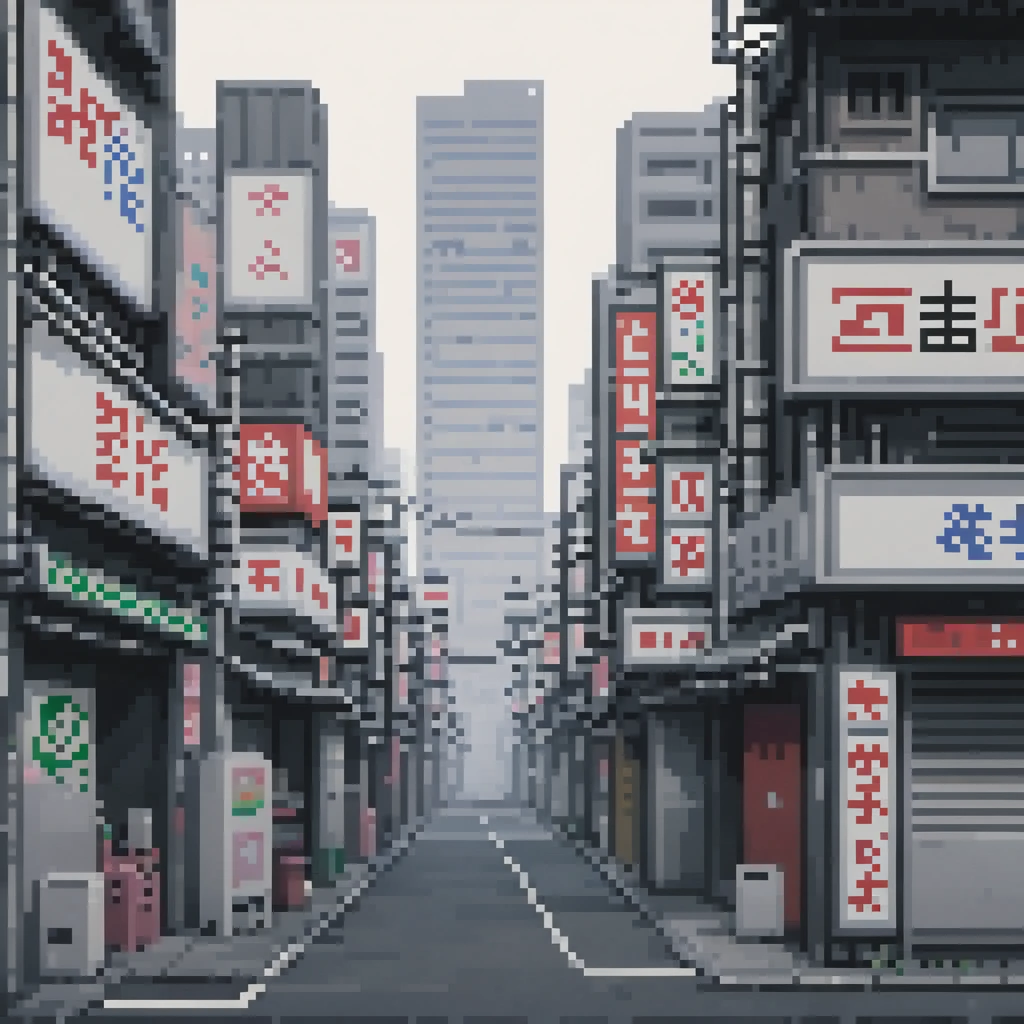 pixel art, 258 bits, sheet of several empty buildings in Shinjuku with buildings behind