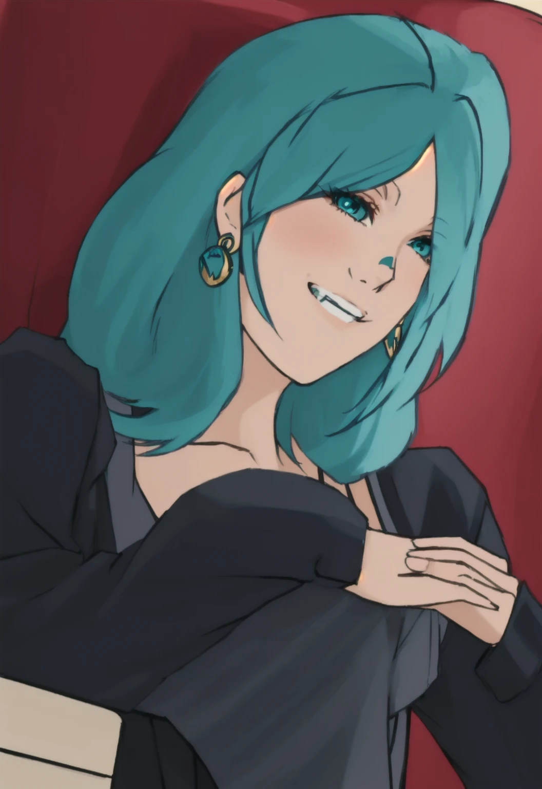 woman with blue hair, anime girl with teal hair, earrings, evil smile, fly under the eye, crossing fingers, sat on a chair, arms on the armrests of the chair