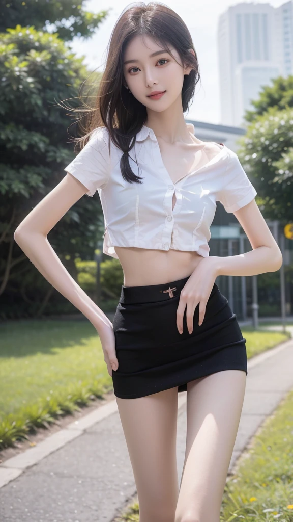 RAW, masterpiece, best quality, extremely detailed, 8k, HDR, photorealistic, intricate, (A skinny Korean girl), (straight hair), (extremely-slim body), (narrow and small hips:1.3), (extremely-white pale-porcelain skin), smile, standing, outdoors, wearing a (short sleeves shirt that is fully opened revealing bra) and (black extremely-short microskirt:1.4), (close-up picture) 