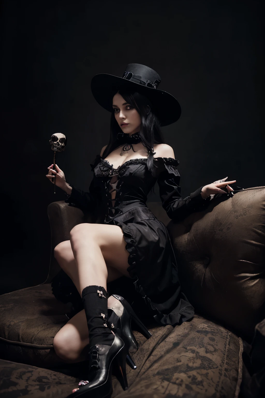 (punctuation_9_High above, punctuation_8_High above), punctuation_7_High above, A girl of 1,60 who wears the gothic culture holding a skull in black high heels, a top hat with some black cobwebs and a dress full of ruffles