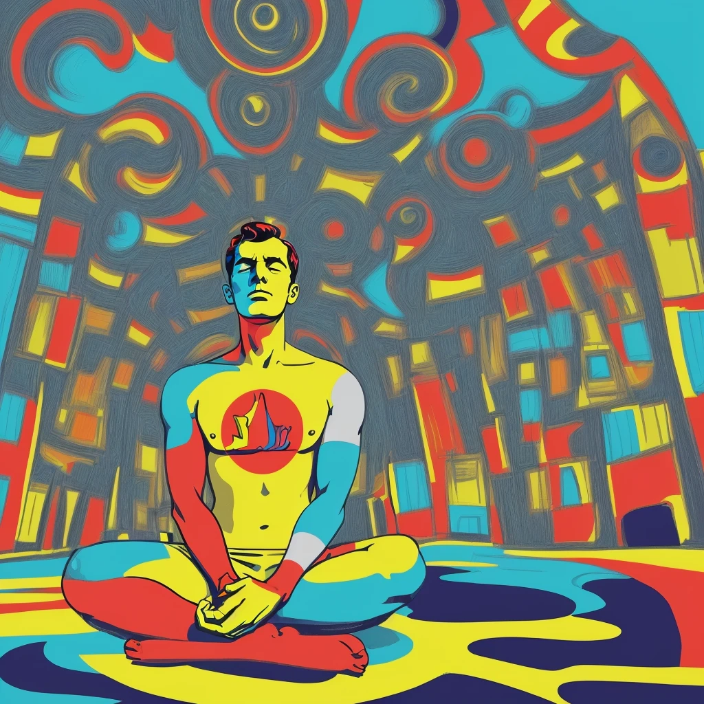 Pop art image, 1960s style, with a man meditating in the park, amidst the chaos of the city,1024x1024, swirly vibrant colors, simplicity, symmetrical composition, colors pscodeliscs