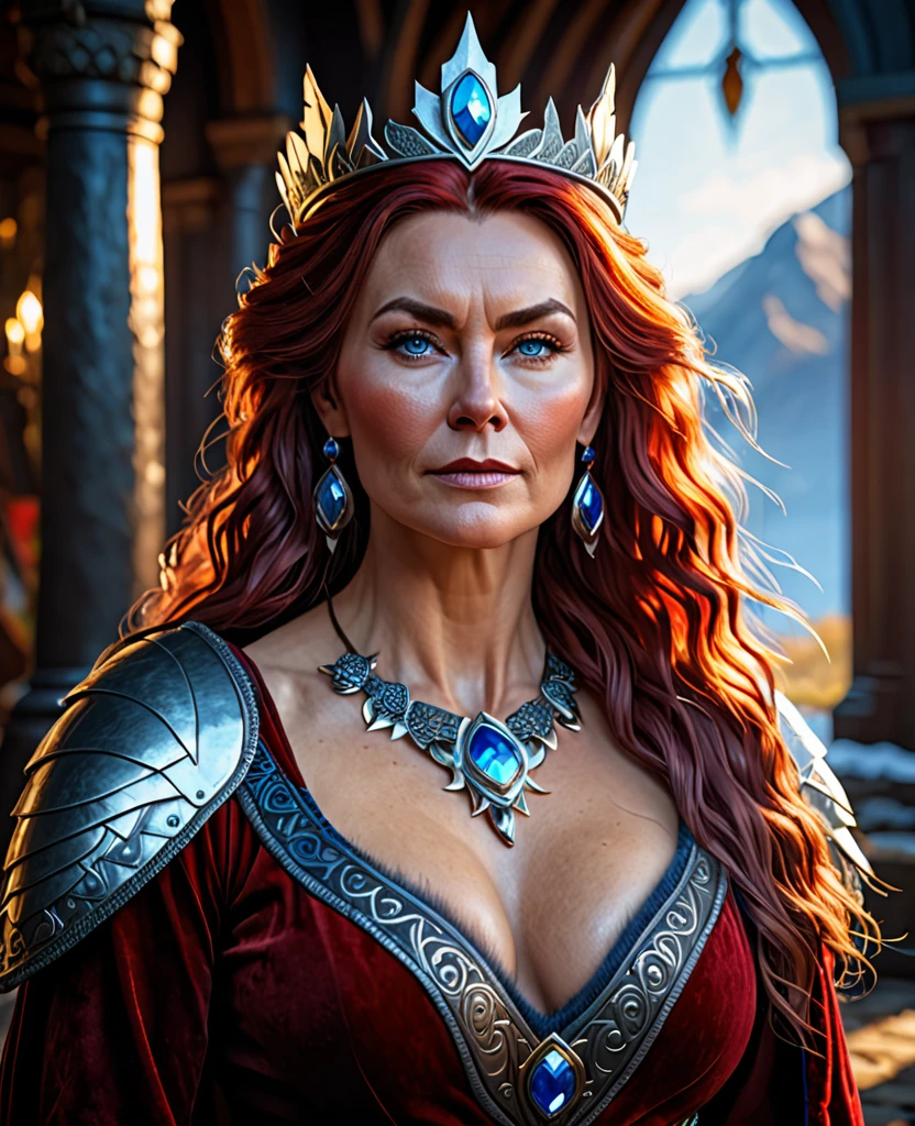 Full body Portrait of the Great Nordic Queen, a very gorgeous woman, 50 years old, thick healthy body, erotic warrior costumes, dark red styled fluffy hair, natural Blue eyes, a nose with a bump, an elongated chin, dressed in ancient national,
8k resolution, dynamic lighting hyperdetailed intricately detailed Splash art trending on Artstation triadic colors Unreal Engine 5 volumetric lighting, oil painting, heavy strokes