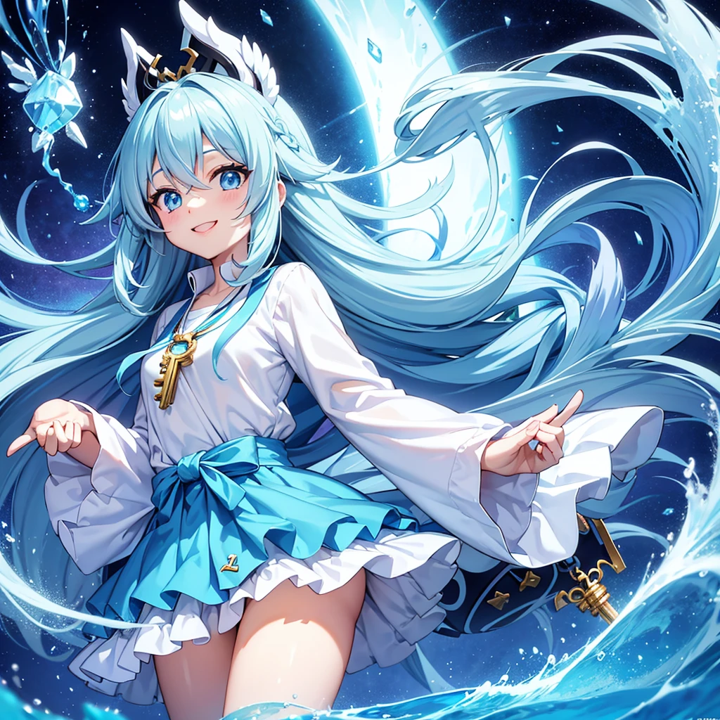 Light blue long hair、Twin-tailed Girl、He has a big key in his hand、Open a big treasure chest、Bright smile、Gemstones are shining、