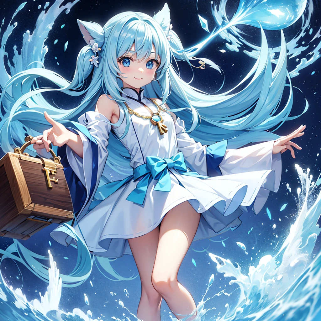 Light blue long hair、Twin-tailed Girl、He has a big key in his hand、Open a big treasure chest、Bright smile、Gemstones are shining、