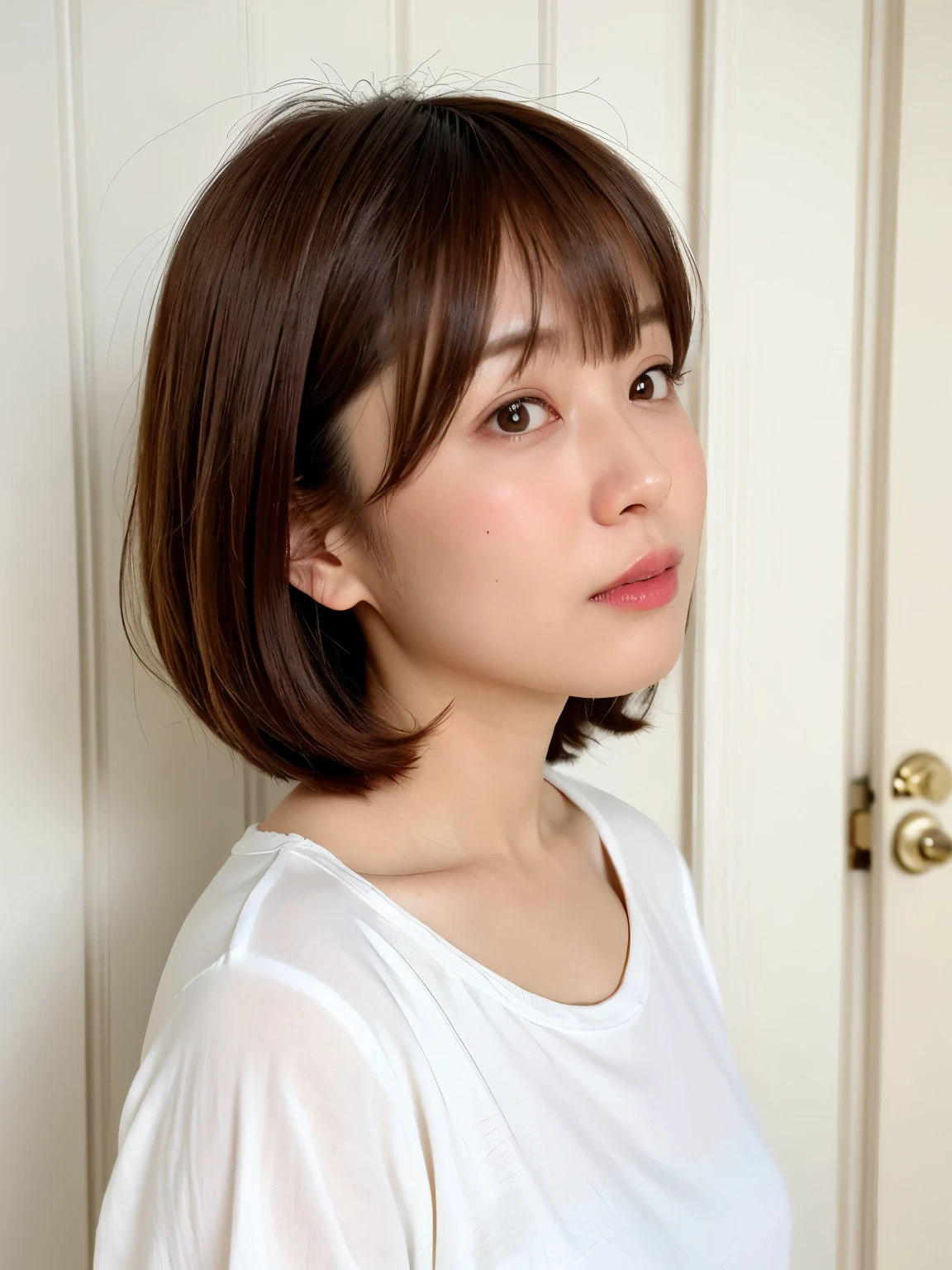 (Highest quality、16K resolution)、One Japanese woman in her 30s、solo、Natural soft light、profile、White T-shirt、In front of a white door、White wall、Light bangs、Bob、Short Hair、Bobカット、Highlight Color、Hair with highlights、Salon model、Natural look、Portrait、fluffy hair、Natural color lip、Mr.々A pose