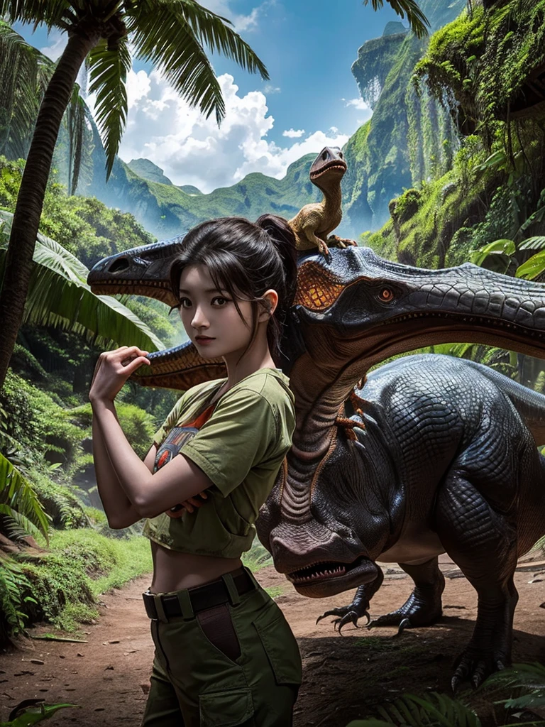 Chica linda como wang yiren, in jurassic park jurassic park with a little dinosaur.