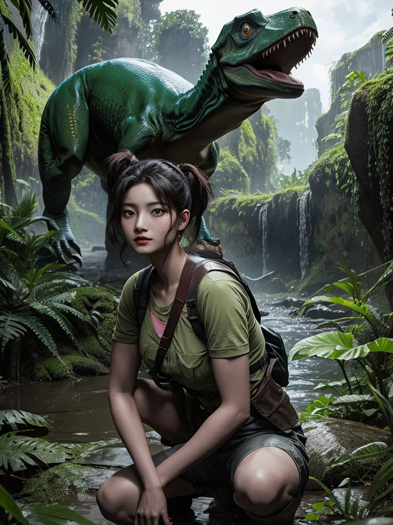 Chica linda como wang yiren, in jurassic park jurassic park with a little dinosaur.