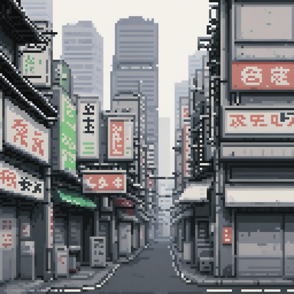 pixel art, 258 bits, sheet of several empty side buildings in Shinjuku with buildings behind