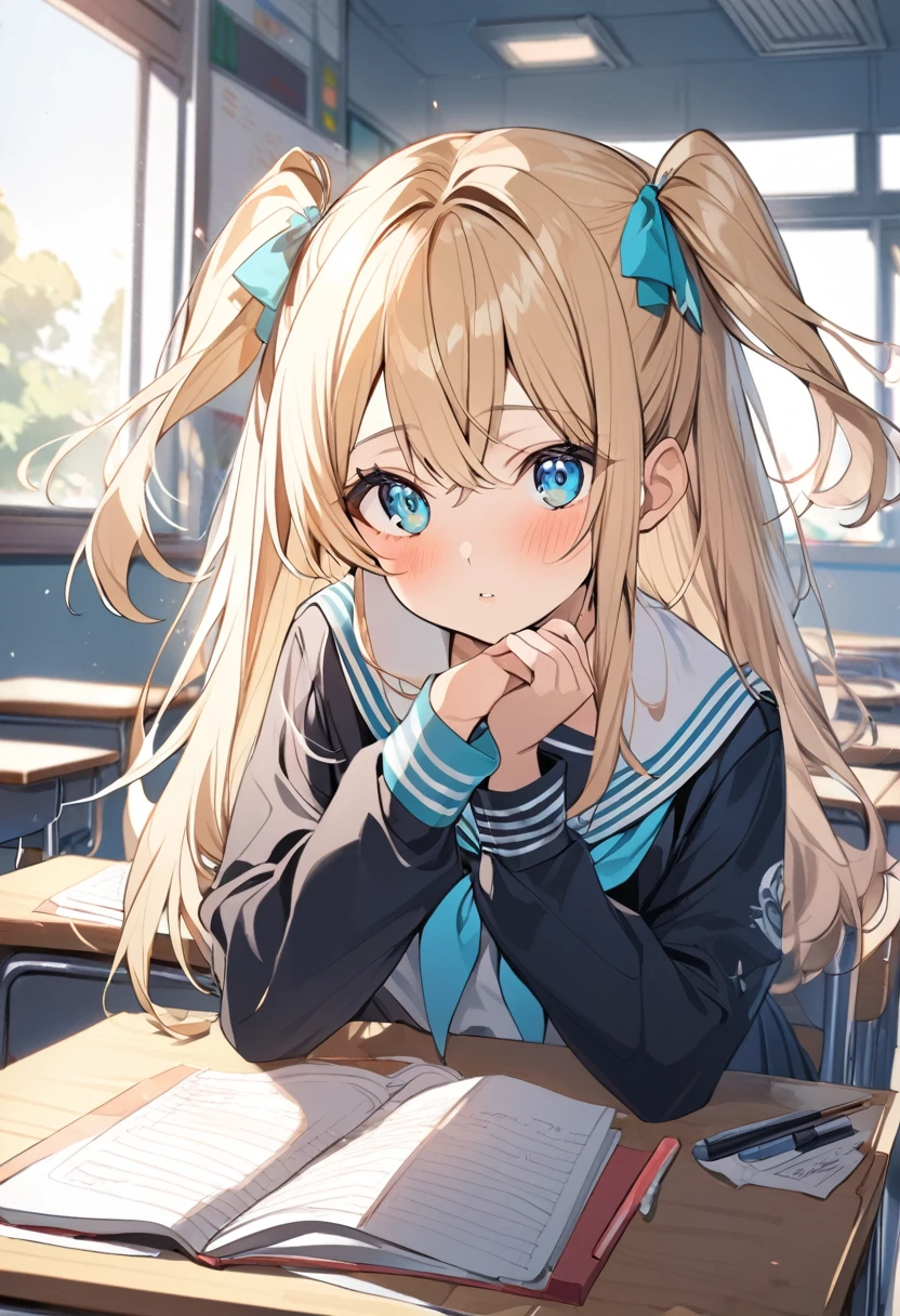 1girl ,two side up,long hair,blonde hair,turquoise eyes,serafuku,classroom