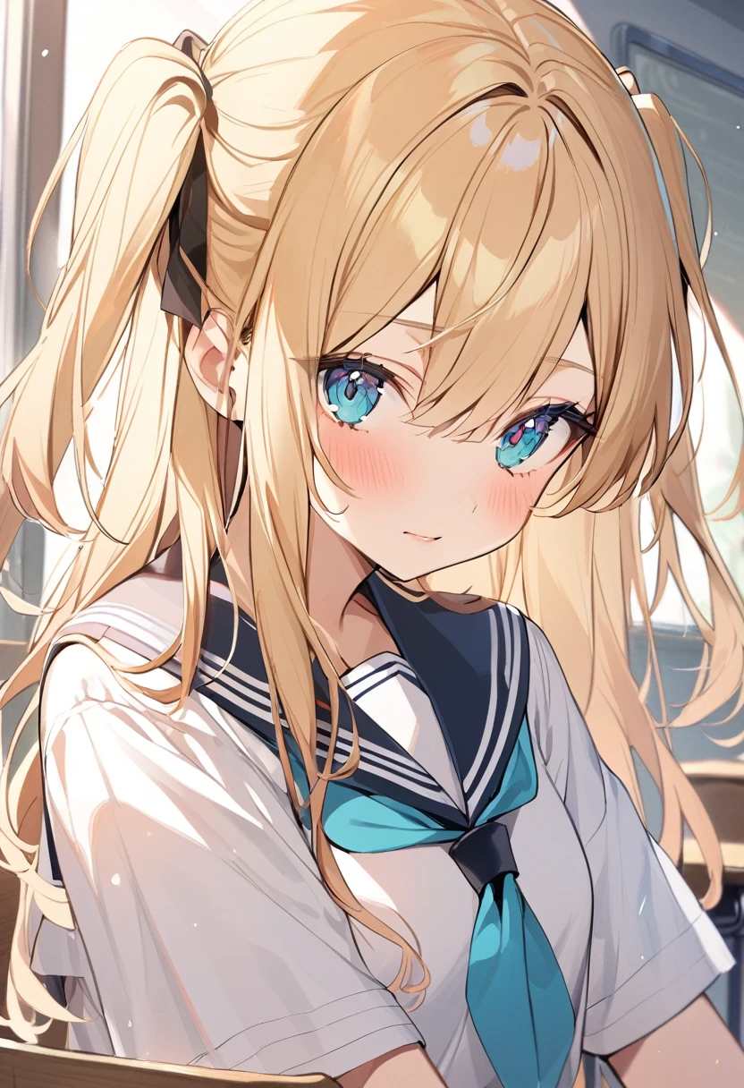 1girl 15 years old,two side up,long hair,blonde hair,turquoise eyes,serafuku,classroom