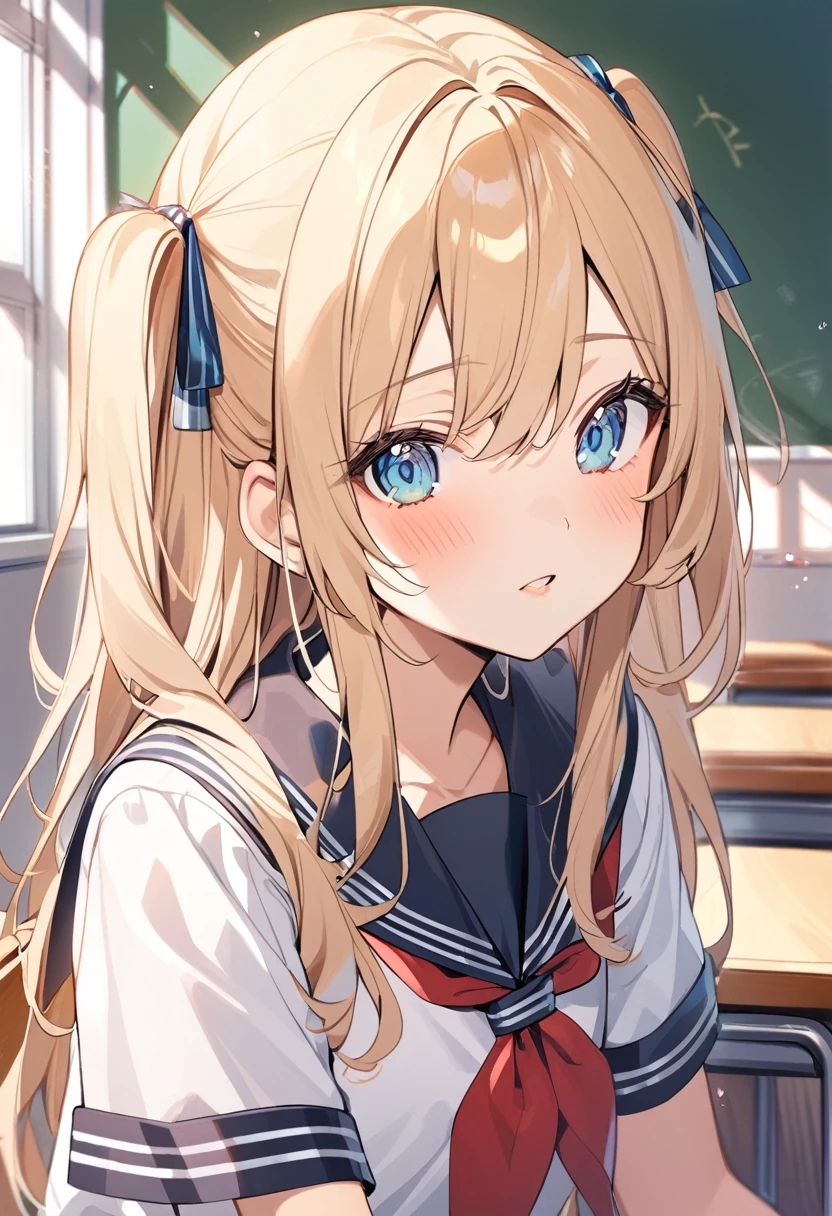 1girl 15 years old,two side up,long hair,blonde hair,turquoise eyes,serafuku,classroom