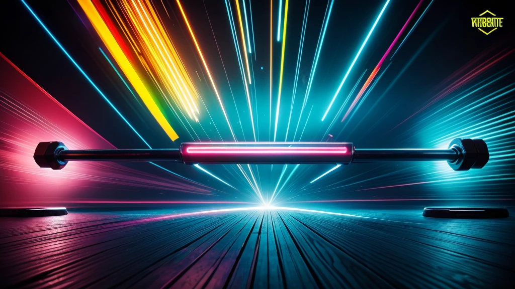 Create a dynamic and energetic poster featuring bold, modern typography with the title 'Ultimate Workout Playlist'. Use vibrant colors like electric blue, neon green, and fiery red. Incorporate abstract elements such as sound waves, fitness icons (dumbbells, sneakers, etc.), and geometric shapes to convey movement and intensity. Background can be a gradient or a burst of light to enhance the high-energy feel. No people in the image
