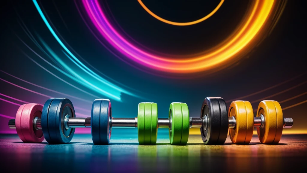 Create a dynamic and energetic poster featuring bold, modern typography with the title 'Ultimate Workout Playlist'. Use vibrant colors like electric blue, neon green, and fiery red. Incorporate abstract elements such as sound waves, fitness icons (dumbbells, sneakers, etc.), and geometric shapes to convey movement and intensity. Background can be a gradient or a burst of light to enhance the high-energy feel. No people in the image