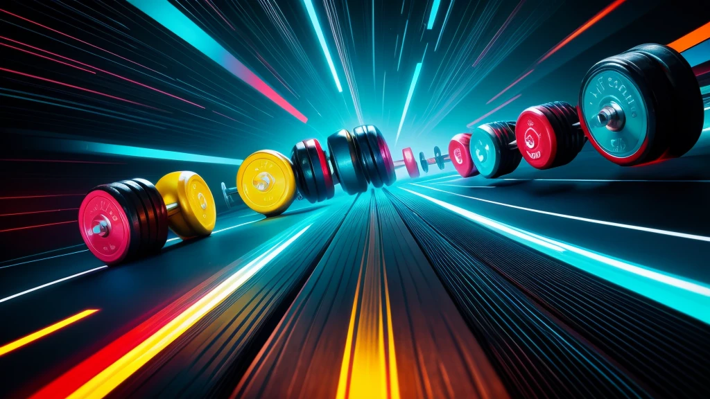 Create a dynamic and energetic poster featuring bold, modern typography with the title 'Ultimate Workout Playlist'. Use vibrant colors like electric blue, neon green, and fiery red. Incorporate abstract elements such as sound waves, fitness icons (dumbbells, sneakers, etc.), and geometric shapes to convey movement and intensity. Background can be a gradient or a burst of light to enhance the high-energy feel. No people in the image