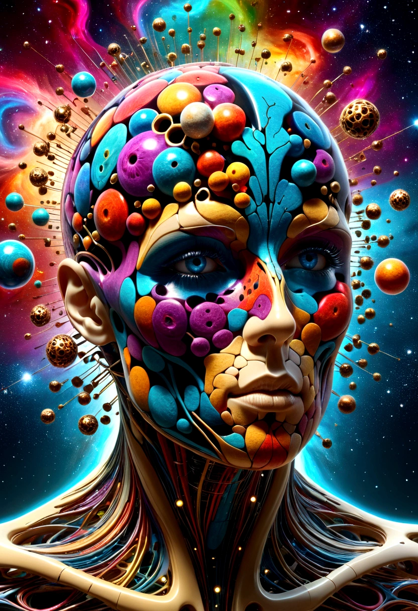 human anatomy, Different parts of the body are scattered., 3D cubic distribution of the body, Lumps and spheres burst from the face., surreal cgi masterpiece, bright colors, Light around the wheel rim, mechanical dispersion, decay of the biosphere, Highly detailed, floating parts, Detailed cosmic background, fractal art, seeing galaxy light, 16K, Star concept art, sharp line