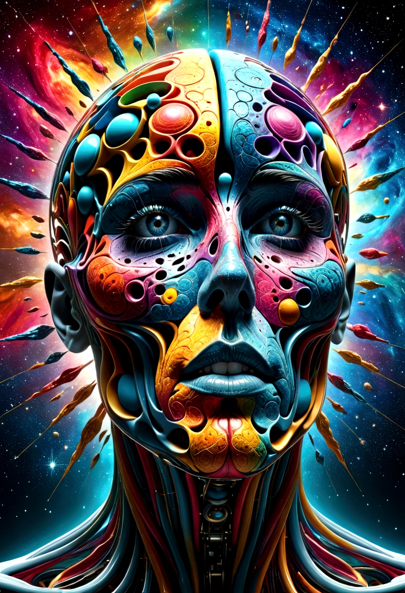 human anatomy, Different parts of the body are scattered., 3D cubic distribution of the body, Lumps and spheres burst from the face., surreal cgi masterpiece, bright colors, Light around the wheel rim, mechanical dispersion, decay of the biosphere, Highly detailed, floating parts, Detailed cosmic background, fractal art, seeing galaxy light, 16K, Star concept art, sharp line